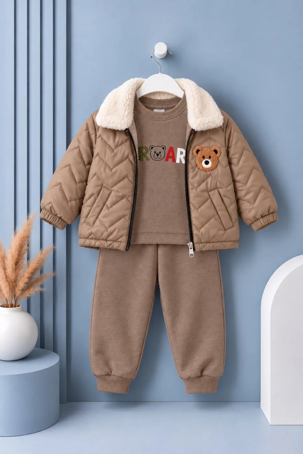 BOY'S 3-PIECE SET: QUILTED JACKET, SWEATSHIRT WITH BEAR DETAILS, AND SWEATPANTS