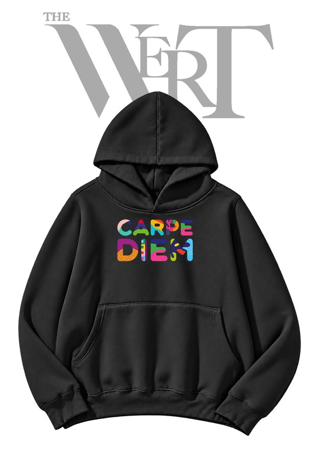 Carpe Diem Typography Pre-Printed Black Hooded Sweatshirt (2-Ply)