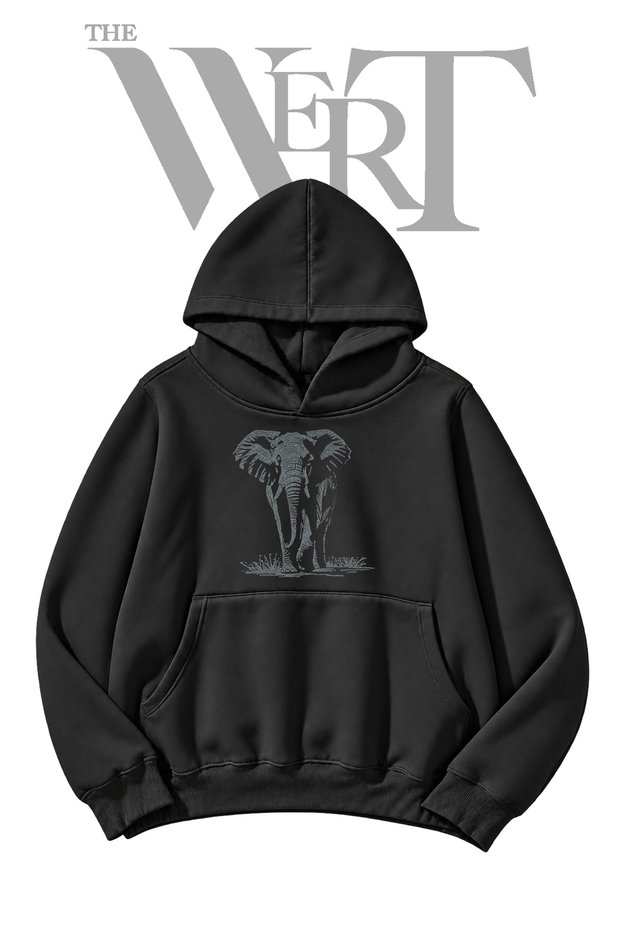 Elephant Pre-Printed Black Hooded Sweatshirt (2-Ply)