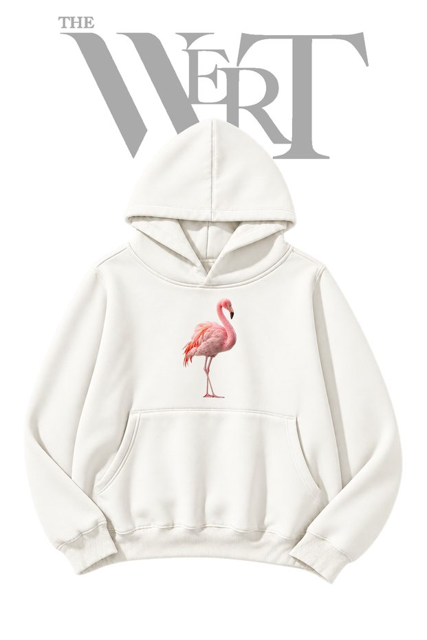 Flamingo Pre-Printed White Hooded Sweatshirt (2-Ply)