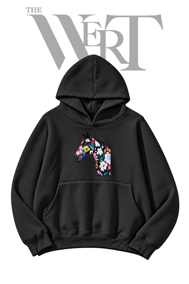 Flower Horse Pre-Printed Black Hooded Sweatshirt (2-Ply)