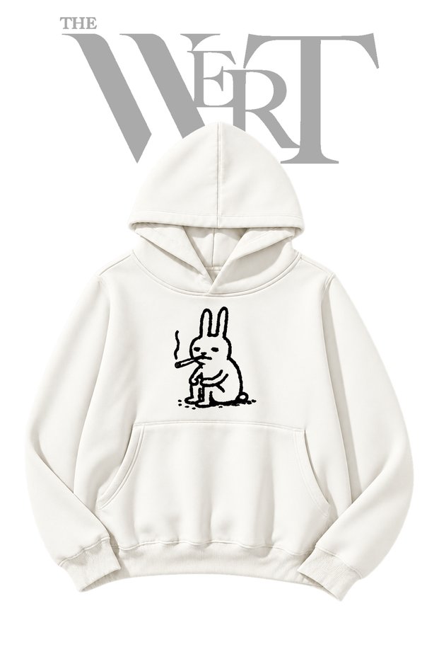 Smoking Rabbit Pre-Printed White Hooded Sweatshirt (2-Ply)