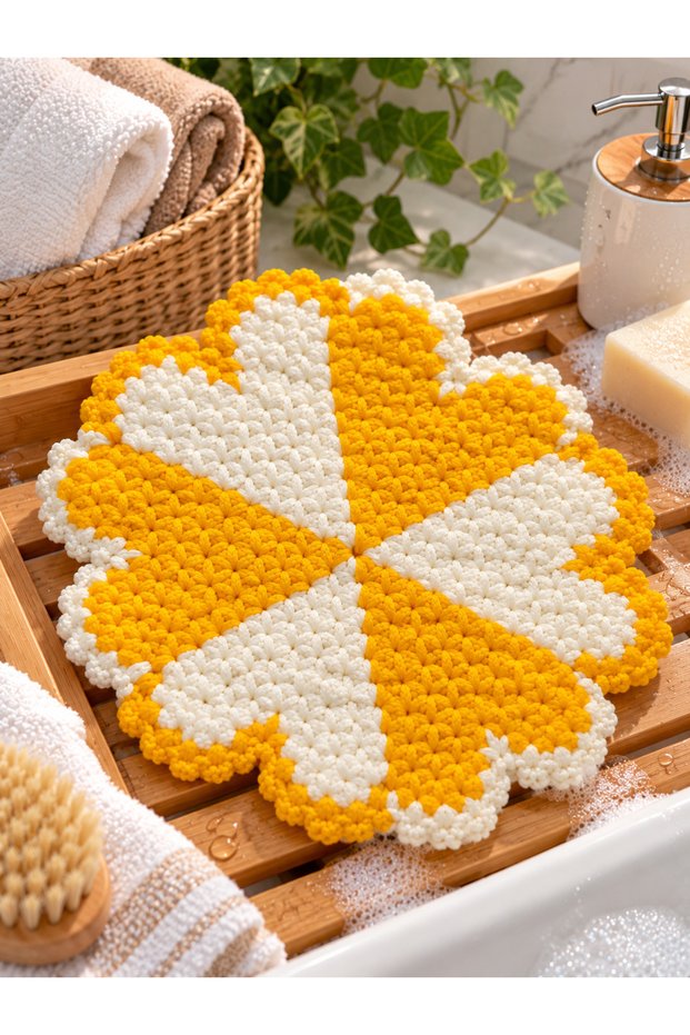 Ezolif 100% Hand-Knitted 30 CM Hand-Knitted Flower-Patterned Bath Sponge – Soft-Textured Knitted Shower Sponge, Traditional Wedding Trousseau Sponge
