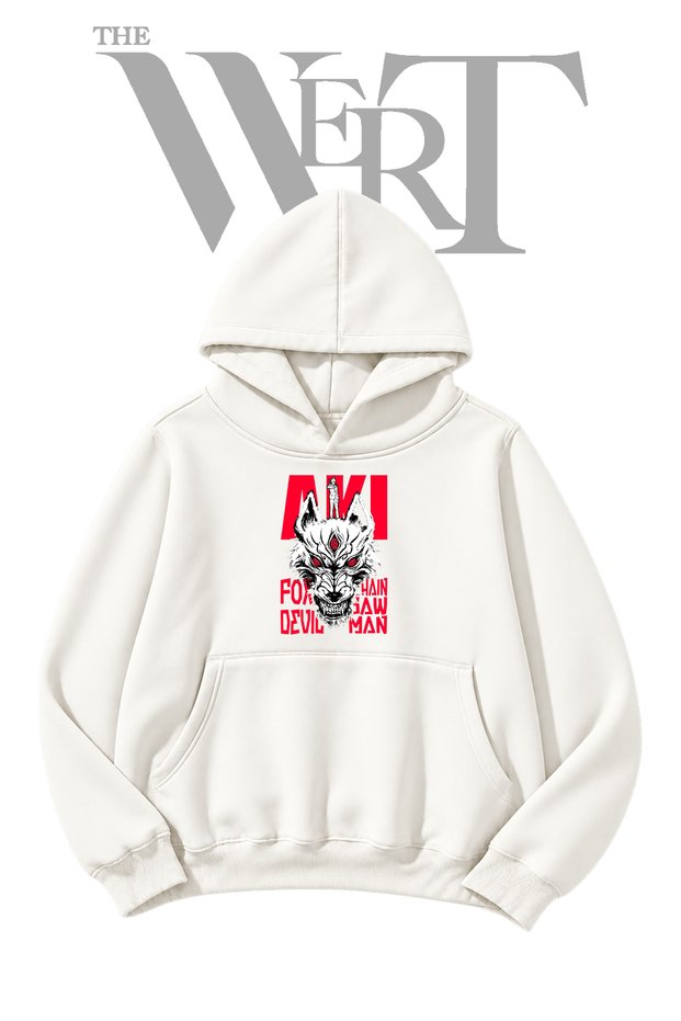 Aki Fox Devil White Hooded Sweatshirt with Front Print (2-Ply)