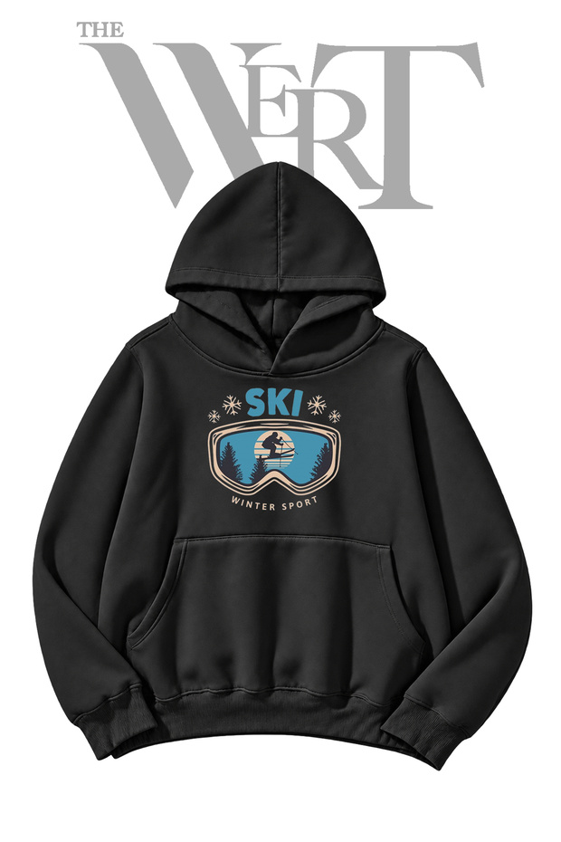Ski Goggles Skier Front-Printed Black Hooded Sweatshirt (2-Ply)