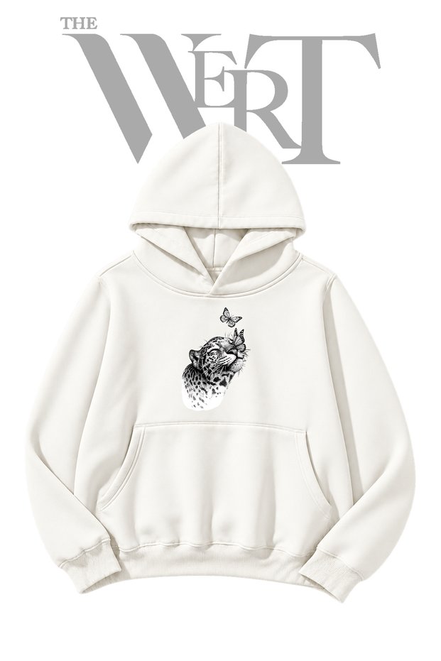 Leopard Butterfly White Hooded Sweatshirt with Front Print (2-Ply)