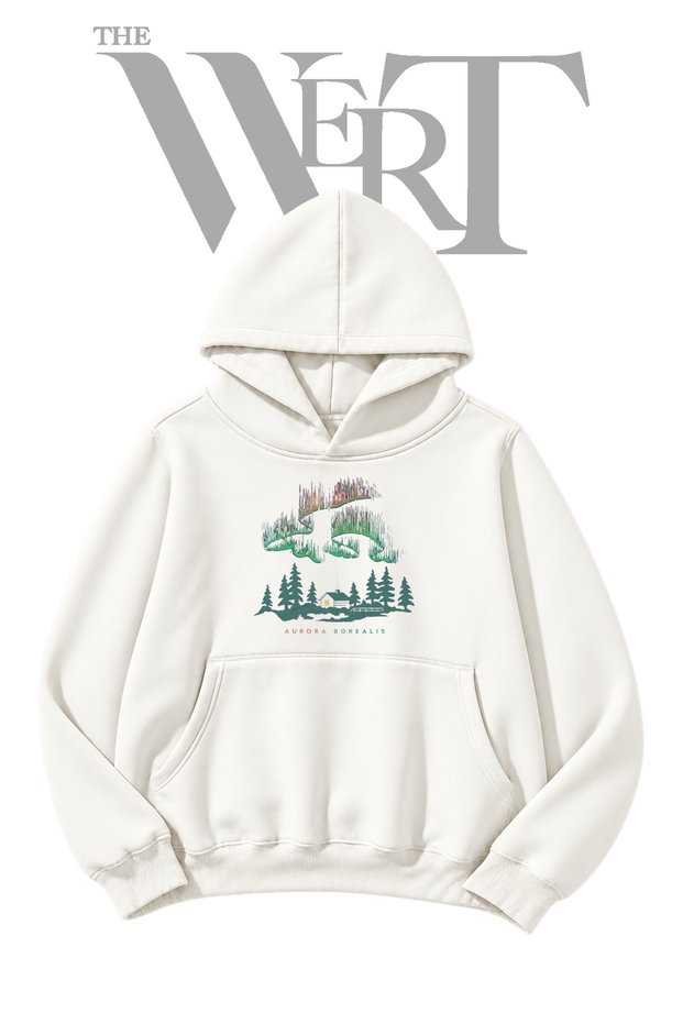 Aurora Borealis Pre-Printed White Hooded Sweatshirt (2-Ply)