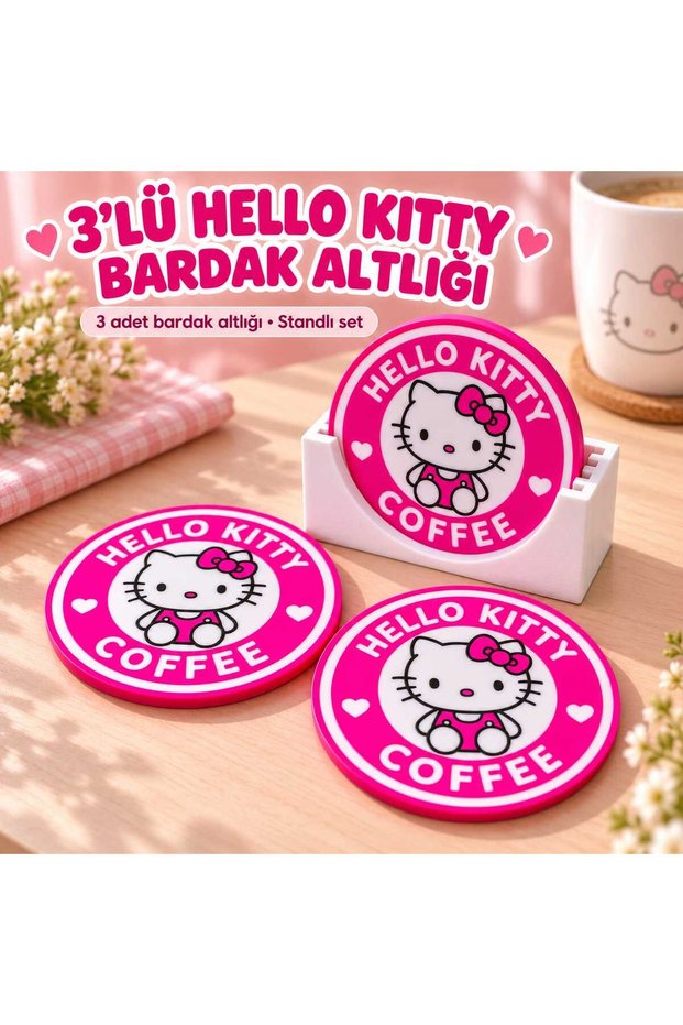 Hello Kitty-Designed 3-Piece Decorative Coaster Set with Stand—Coffee Cup Coaster and Coffee Serving Accessory