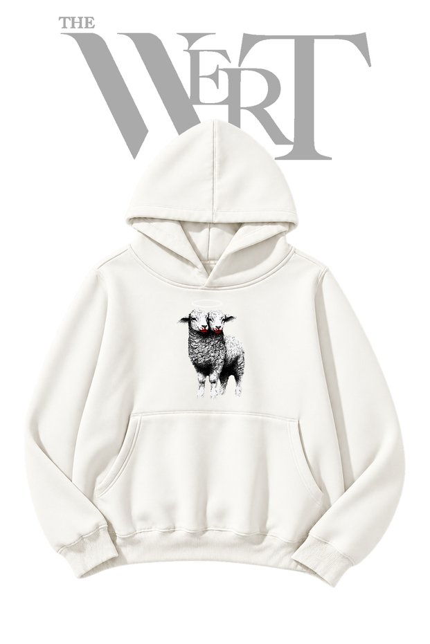 White Hooded Sweatshirt with "Two-Headed Lamb" Front Print (2-Ply)