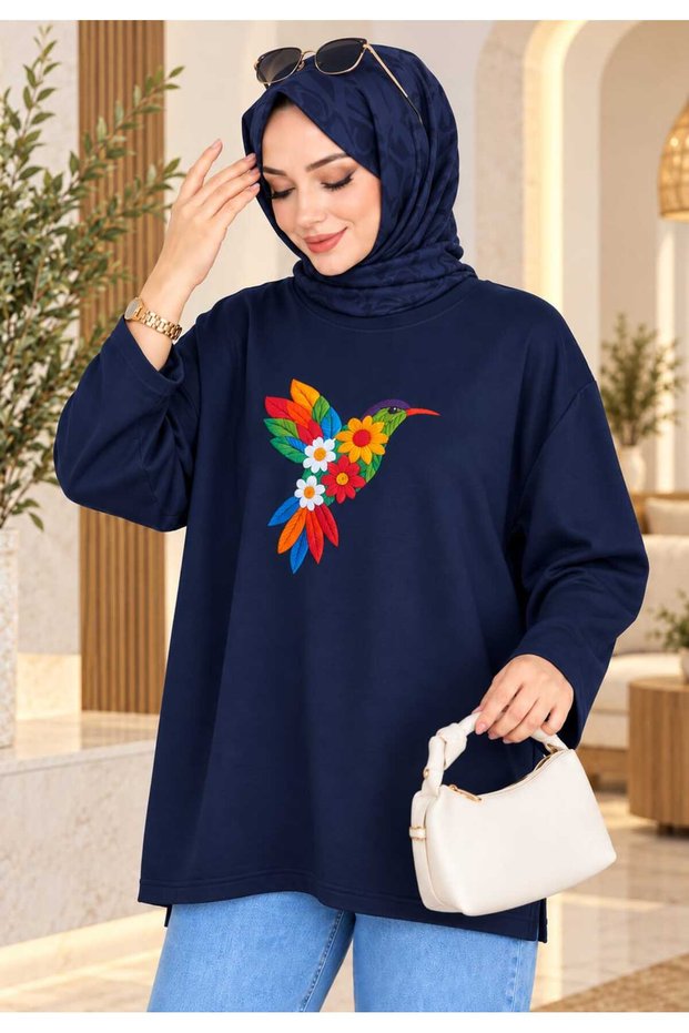 Women's Beige Oversized Modest Tunic Sweatshirt with Bird Print
