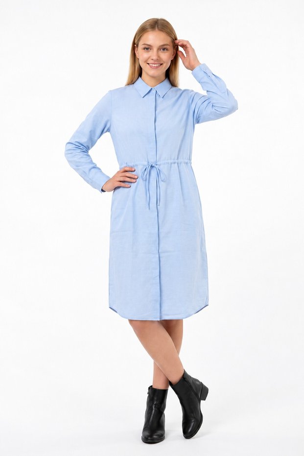 Women's Long Shirt Dress in Embroidered Armure Fabric with a Tie-Detail at the Waist