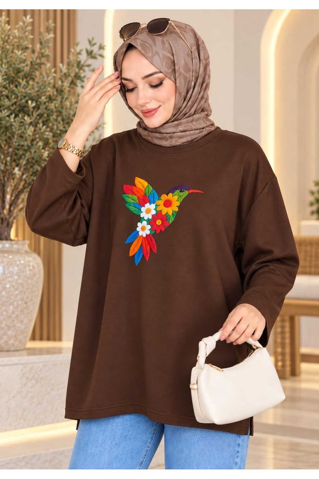 Women's Beige Oversized Modest Tunic Sweatshirt with Bird Print