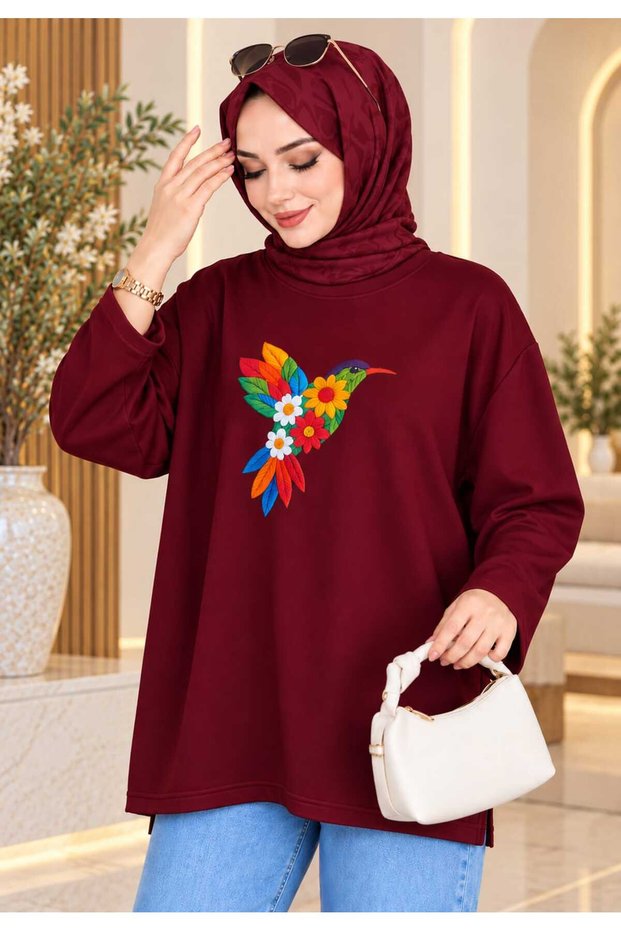 Women's Beige Oversized Modest Tunic Sweatshirt with Bird Print
