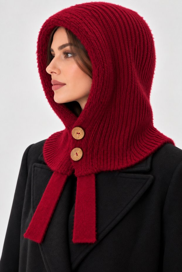 Woven winter beanie-balaclava with soft, fuzzy fabric and button details