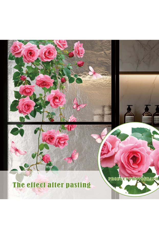 30x60cm 36087 Flower Vine Window Decal, Pink Rose and Butterfly Design, Bathroom Living Room Bedroom