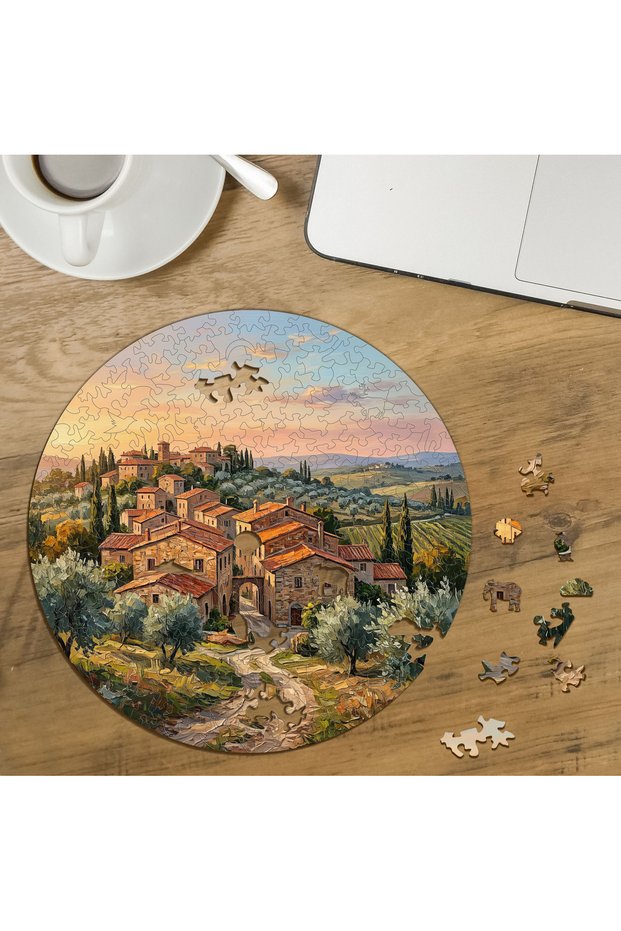 Tuscan Stone House-Themed Custom-Cut Round 272-Piece Wooden Puzzle MPDA3161