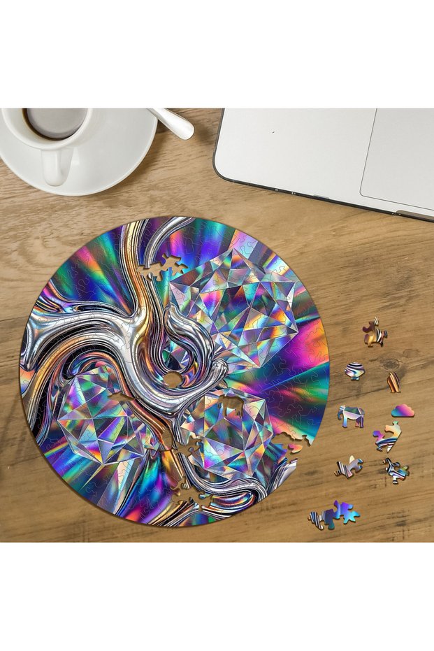 Custom-Cut Round 272-Piece Wooden Puzzle with Iridescent Liquid Shapes Design MPDA3196