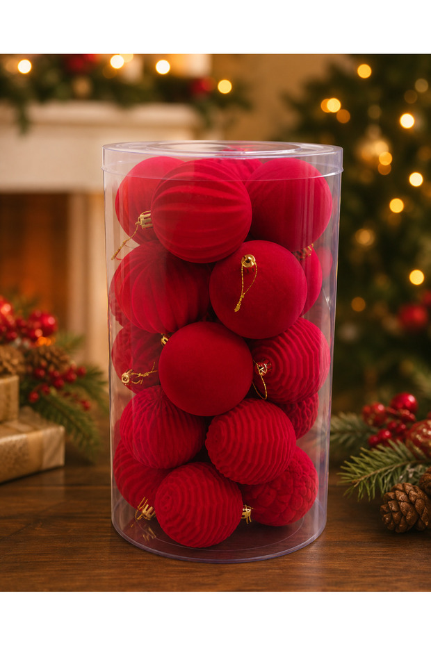 ERT-YIL-26306 New Year's Velvet Ball, Red, 8 cm, 24 Pieces, in a PVC Box