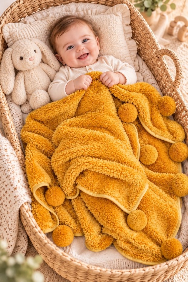 Pom-Pom Baby Blanket, 100x100 cm, Super Soft Welsoft Fleece Children's Blanket