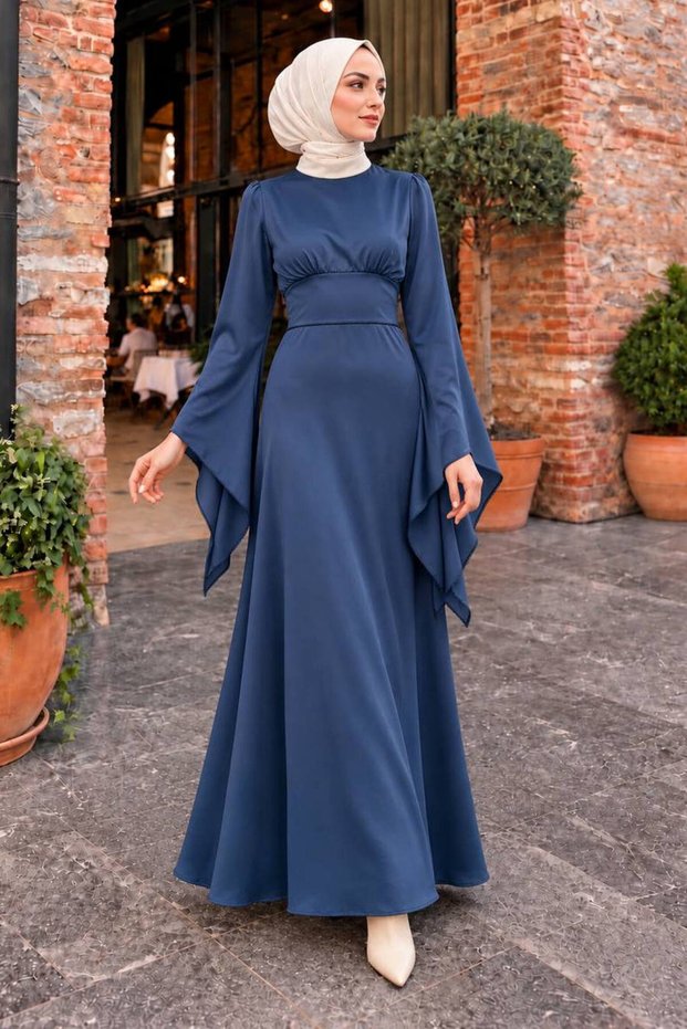 Spanish-Style Sleeve Indigo Blue Modest Satin Evening Gown 6258IM