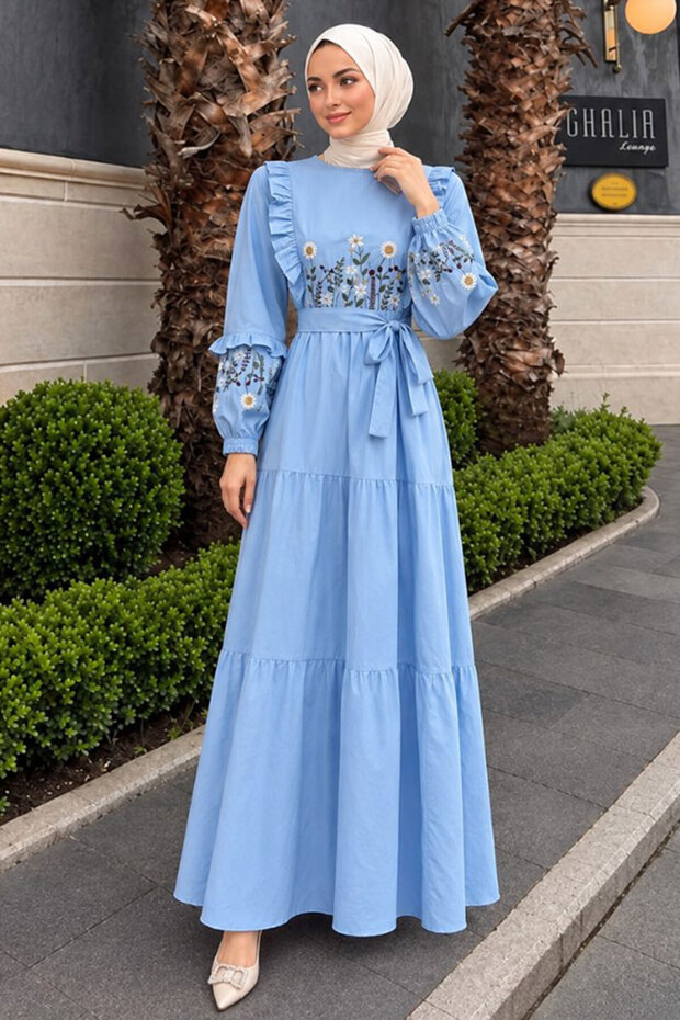 Patterned Blue Modest Dress 10327M