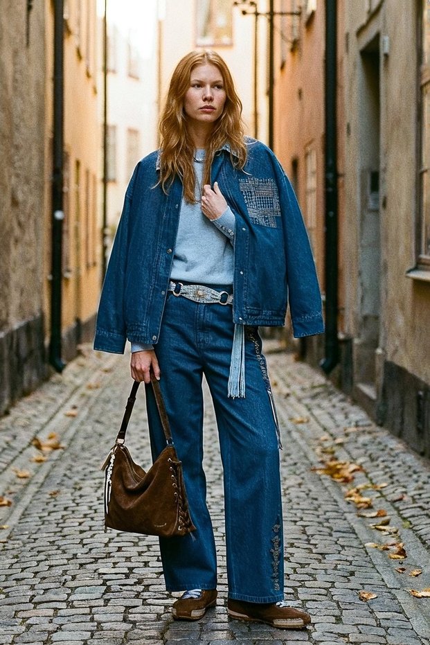 Embroidered Denim Pants, Navy Blue