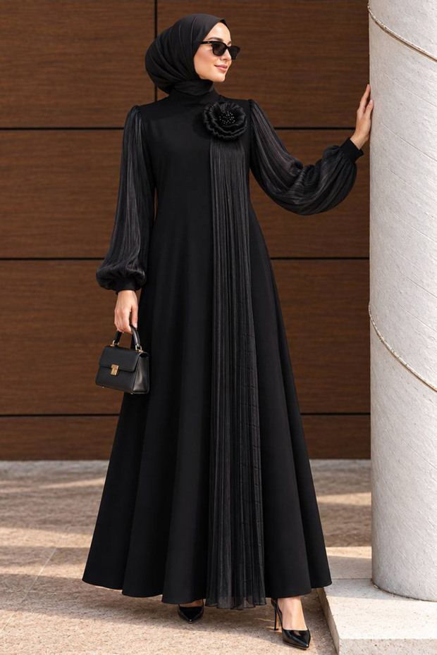 Black Crepe Modest Evening Gown with Floral Appliqué Detail and Pleated Details 50010S