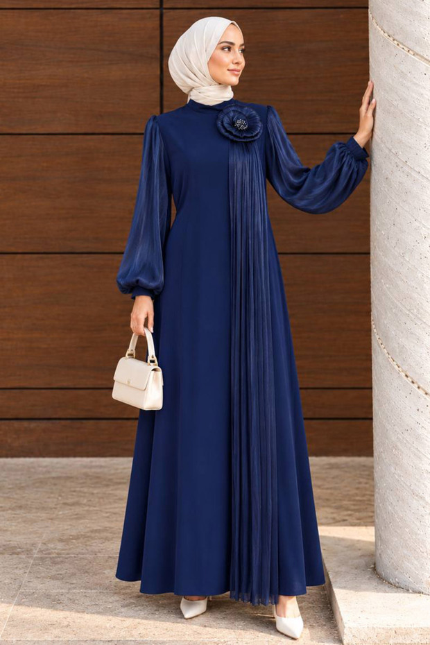 Navy Blue Crepe Modest Evening Gown with Floral Appliqué Detail and Pleated Details 50010L