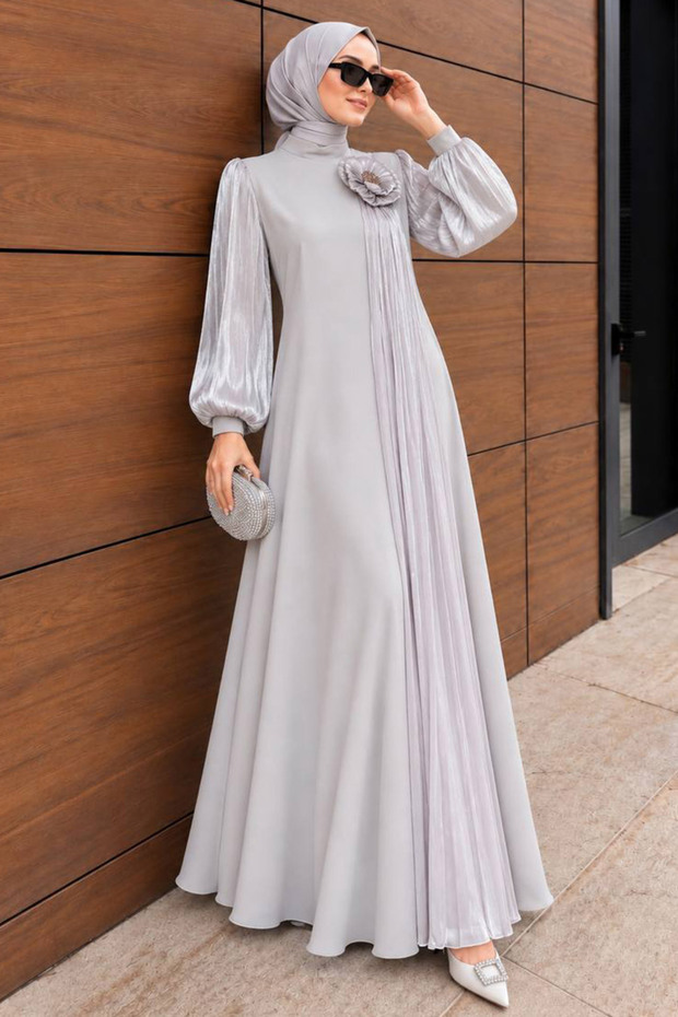 Beige Crepe Modest Evening Gown with Floral Appliqué Detail and Pleated Details 50010BEJ