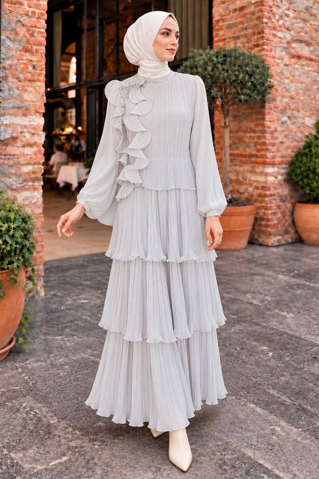 Beige Modest Evening Gown with Floral Appliqué and Layered Pleats, Made of Chiffon, 49340BEJ