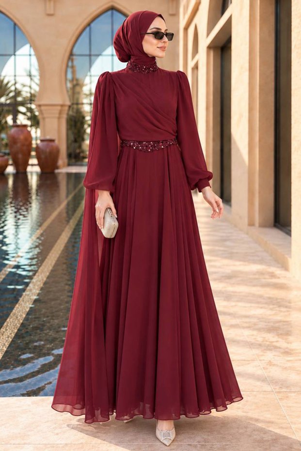 Beaded Collar and Embellished Chiffon Burgundy Modest Evening Gown 50050BR
