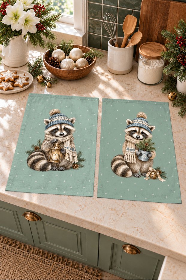 Sage Raccoon Raccoon and Scarf Aquamarine-Patterned New Year's Decorative 2-Piece Kitchen Towel Set, 35x55 cm