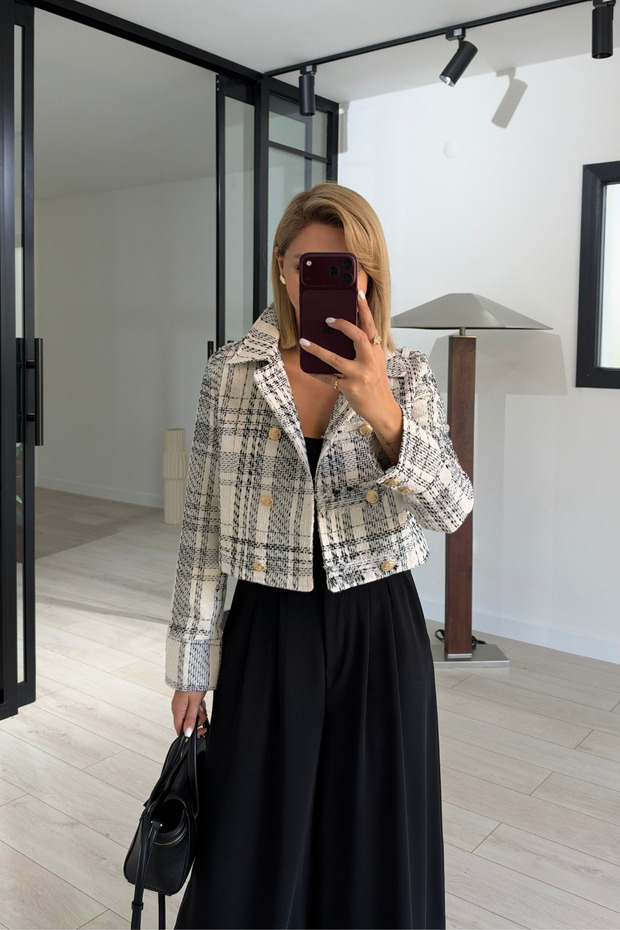 Mock Neck, Epaulet, Ecru Checkered Tweed Jacket