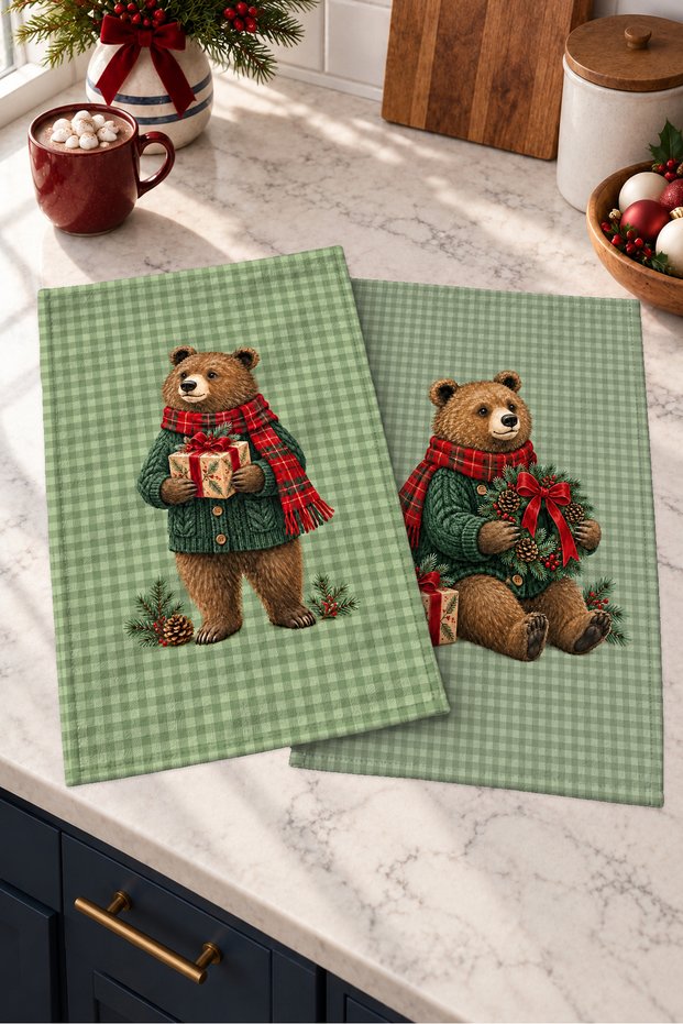 Sage Teddy Bear Print and Packet Sage Green Pattern Digitally Printed 2-Piece Kitchen Towel Set, 35x55