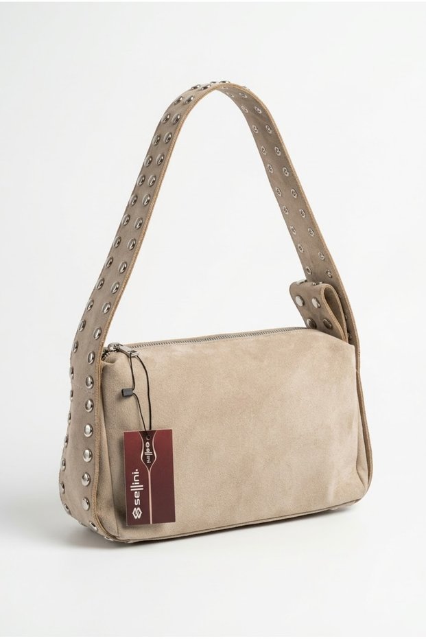 Black Suede Shoulder Bag with Silver Studded Detail and Rocker Sleeve Detail