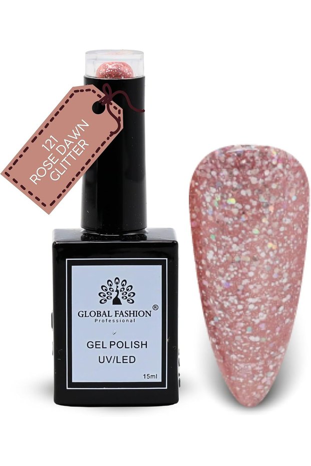 Black Elite Gel Nail Polish 121 Rose Dawn Glitter (Dusty Rose), 15ml - Soak Off UV LED Gel Polish, Long-Lasting High Gloss Colour for Salon and Home Manicure