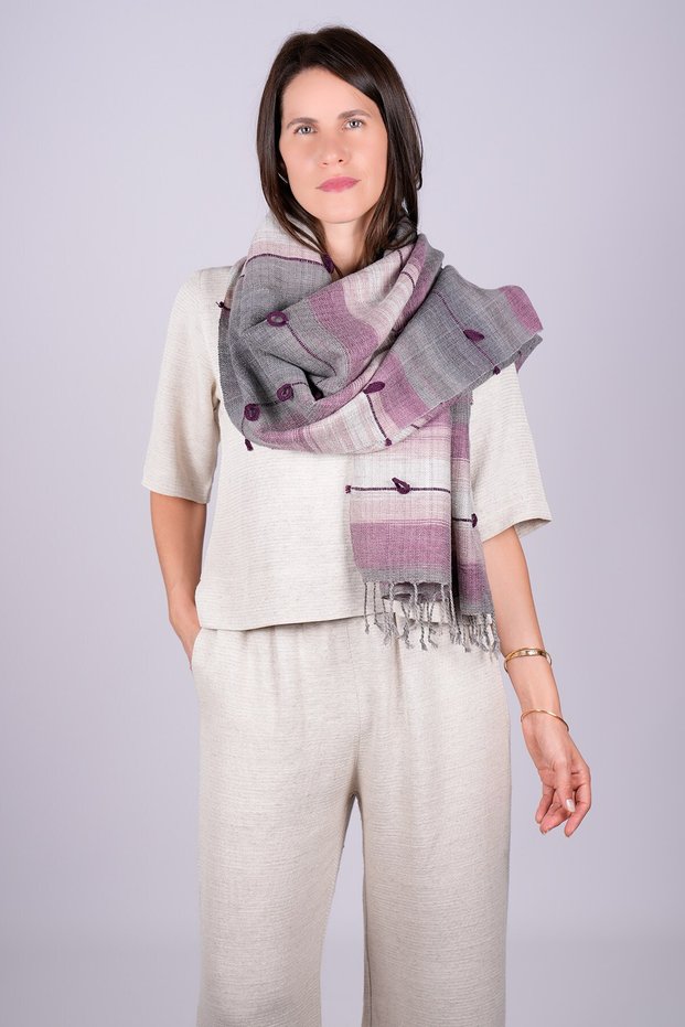 Handwoven Wool Shawl 65 x 205 cm - Purple - Gray