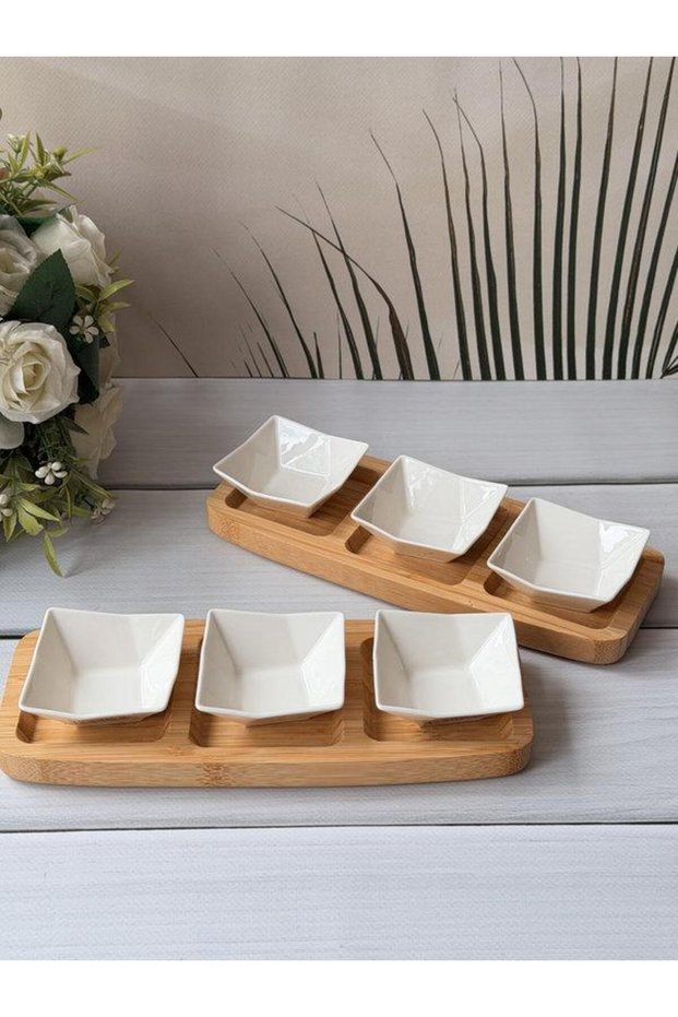 Bamboo-Compartmented Serving Set, Porcelain Plates, 8-Piece Set, Ganberia