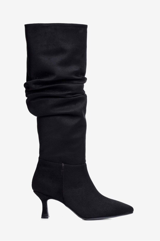 Women's Suede Boots with Ruched Cuff, Pointed Toe, Short, Stiletto Heel, and Zipper—Ziska Black