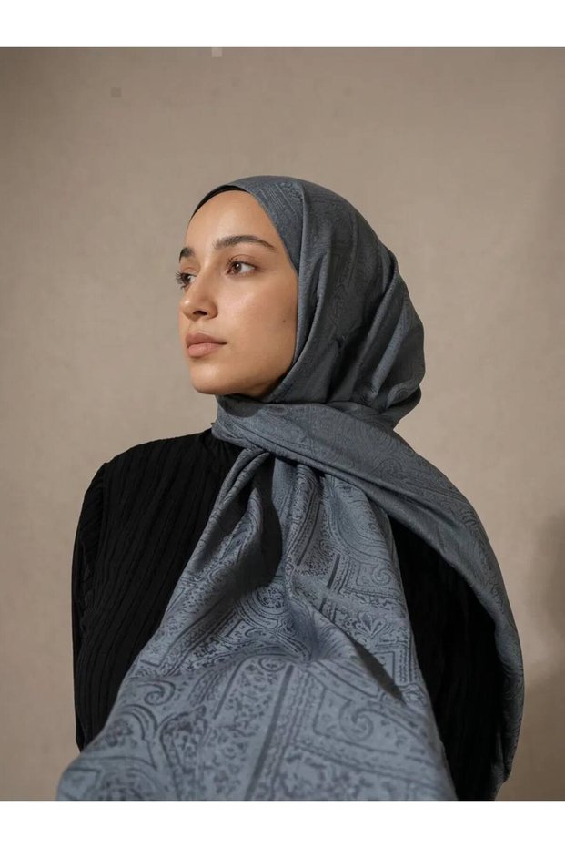 ETHNIC MONOGRAM PATTERN COTTON JACQUARD SHAWL, CHARCOAL GREY COLOR