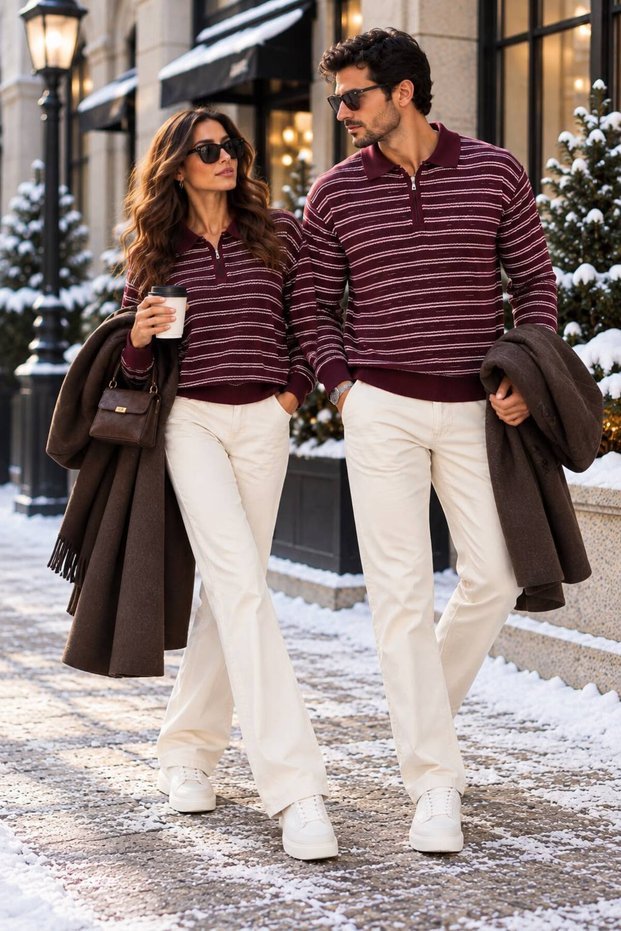 Unisex Striped Polo Collar Knit Sweater Pair, 2-Piece Set