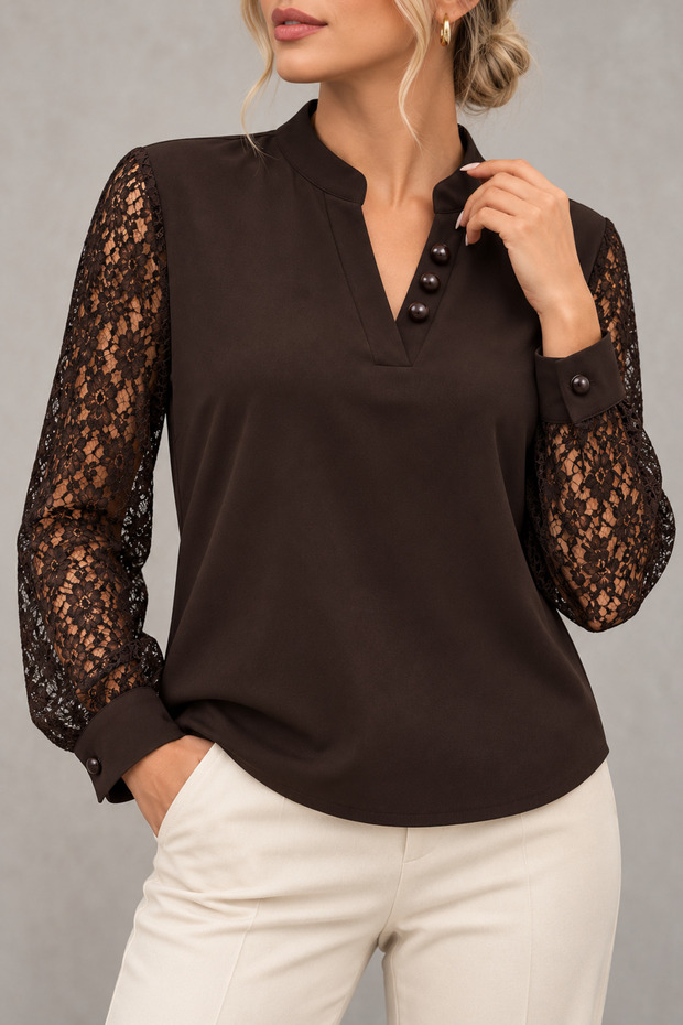 Women's Lace-Sleeve Blouse with Button Collar Detail, V-Neck, Long Sleeves, and Guipure Lace on Elegant Crepe Fabric—A Casual and Timelessly Elegant Blouse
