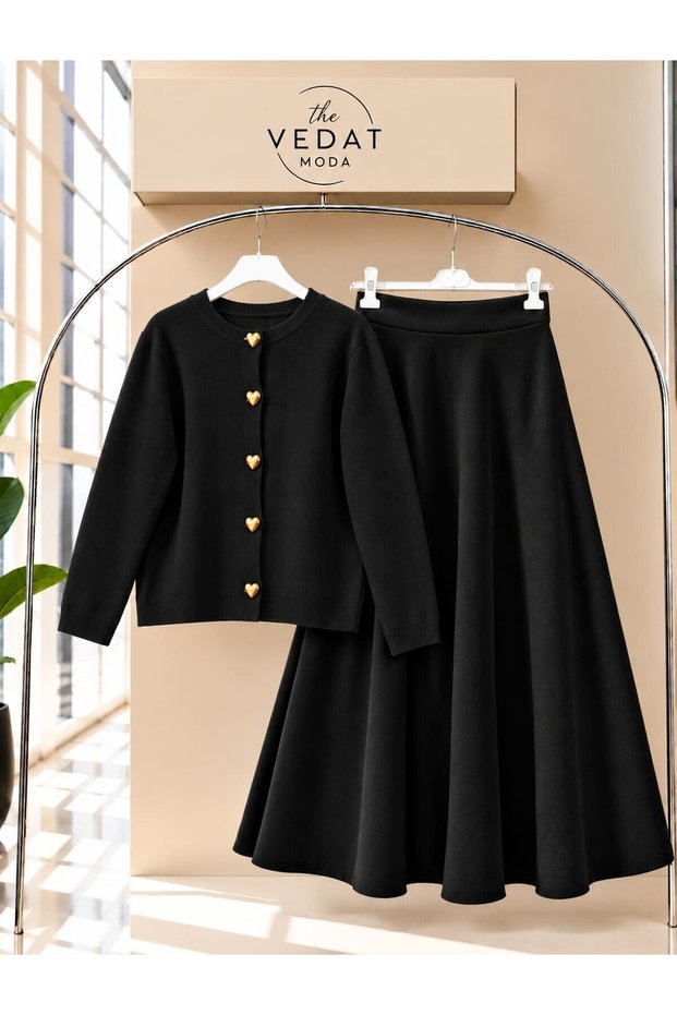 Women's Suede Knit Skirt and Detailed Knit Cardigan Set -0650 BLACK-BLACK
