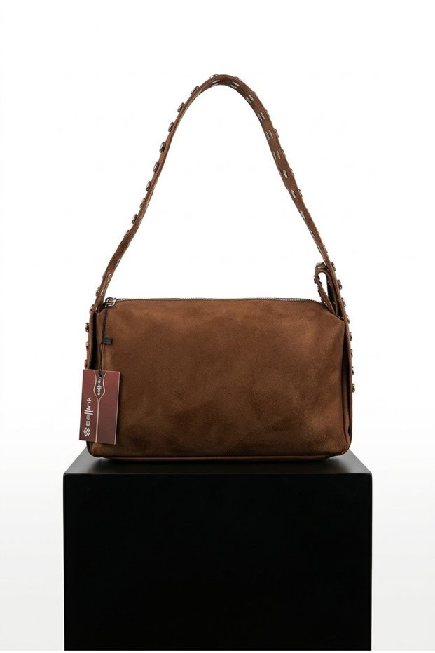 Studded Detail Rocker-Style Tan Suede Shoulder Bag