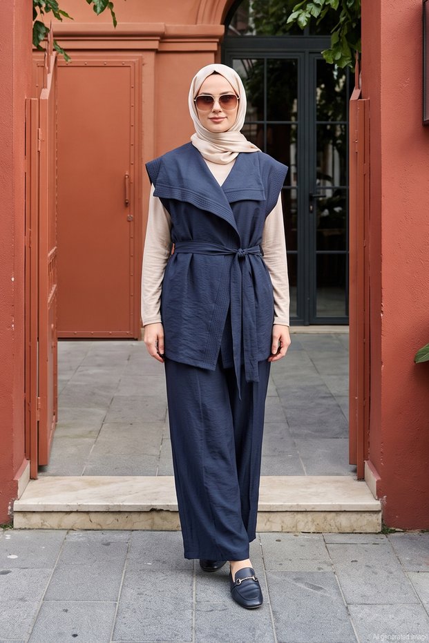 Shawl Collar Vest Set and Pants Two-Piece Set 14487 Navy Blue