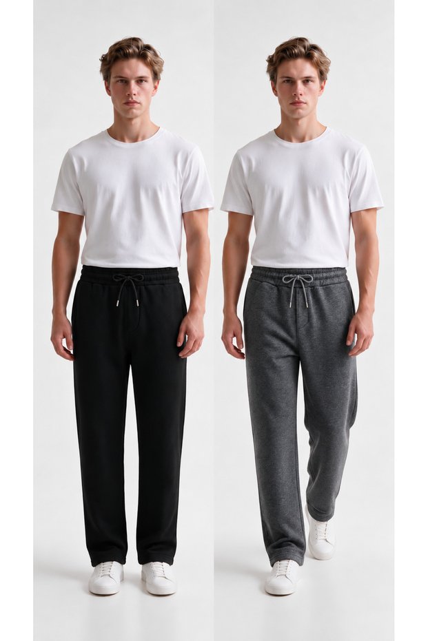 Men's 2-Piece 3-Ply Cotton Sweatpants with Fleece-Lined Insulation, Straight-Leg, Winter