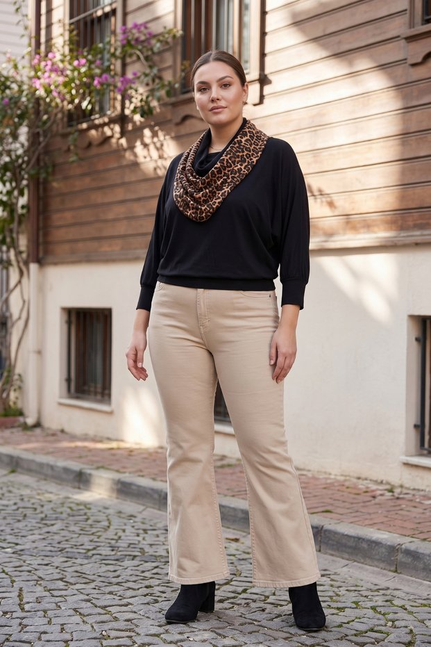 Women's Plus-Size Blouse with Leopard-Print Scarf and Truvakar Sleeves