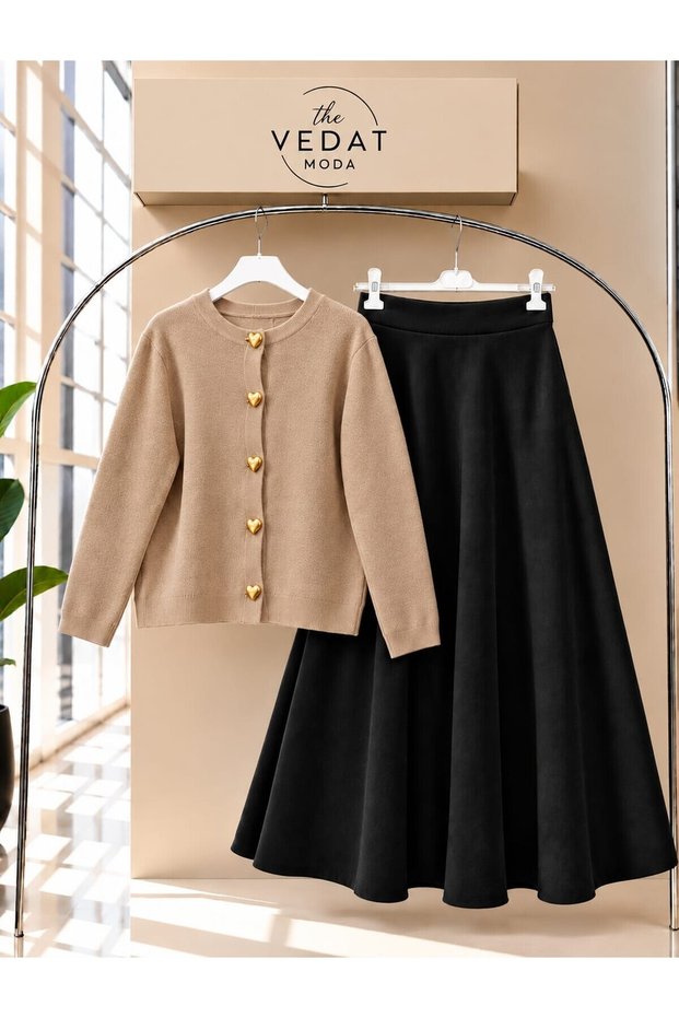 Women's Suede Skirt and Detailed Knit Cardigan Set -0650 BLACK-BEIGE