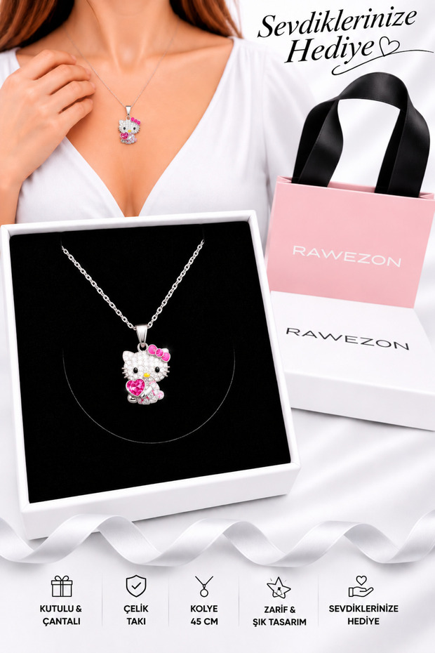 Pink Stone Teddy Bear Print Steel Necklace with Box and Pouch—Gift for Your Sweetheart, Gift for a Woman, Gift for a Girlfriend, Birthday Gift