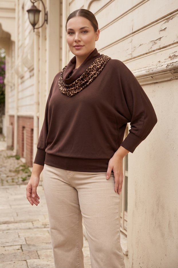 Women's Plus-Size Blouse with Leopard-Print Scarf and Truvakar Sleeves